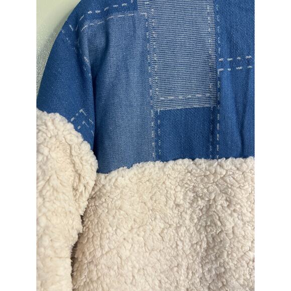 Haptics Good Vibes Denim & Ivory Patchwork Sherpa Half Zip pullover, size large - Picture 4 of 12